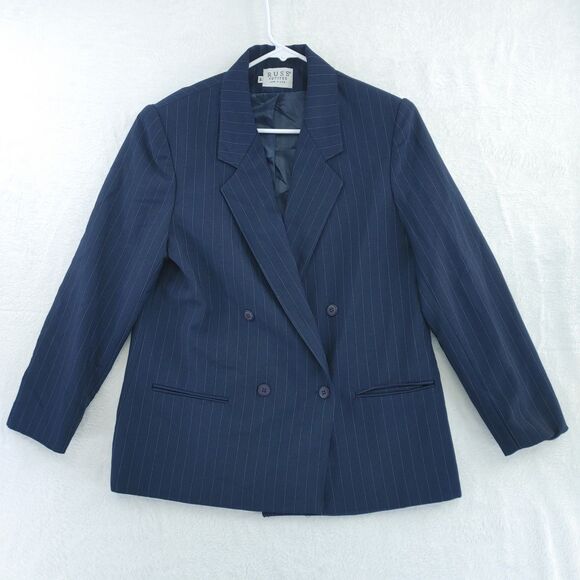 Russ Jackets & Blazers - Vintage Russ Blue Pin Stripe Woman's Blazer Size 14 Petites Union Made In USA